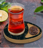 BK Gift Kişiye Özel Mermer Tasarımlı Doğal Ahşap Tabaklı Heybeli Çay Bardağı Sunum Seti Model 13