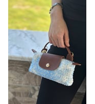 Kadın AA+ Kalite Le Pliage Kot Kumaş Mini El ve Omuz Çantası (Beyaz-Mavi)
