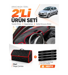 RENAULT CLİO 2 ÜST ÇUKURLU (2003-2006) Uyumlu Torpido Örtüsü + Deri Bagaj Çantası Seti - Siyah Kırmızı