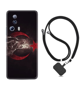 Xiaomi Mi 13 Lite Kılıf Resimli Boyun Askılı İpli Desenli Silikon Kurt ve Ay Yıldız 1403