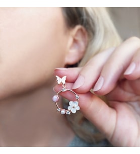 Vaoov 925 Ayar Gümüş Pembe Taşlı Sedef Çiçekli Kelebek Küpe (Rose)