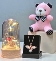 Renkli Anka Kuşu Kolye, Peluş Anahtarlık ve Led Işıklı Fanus Hediye Seti (Model 2)