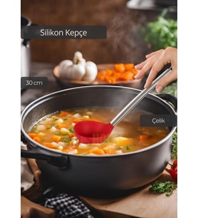 Silikon Kepçe Paslanmaz Saplı Servis Kepçesi Kırmızı 30 cm