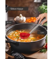 Silikon Kepçe Paslanmaz Saplı Servis Kepçesi Kırmızı 30 cm