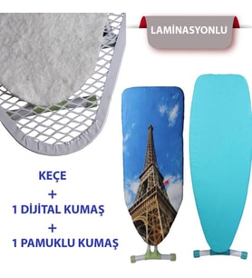 Kanat  Ayarlanabilir Keçe Laminasyonlu Eyfel Kulesi Dijital Baskı ve Mavi Renk Ütü Masası Kumaşı 3'lü Set 34x110 cm