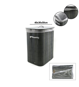 GRİ DİKDÖRTGEN 40X30CM - Y:60CM BAMBU AHŞAP KİRLİ ÇAMAŞIR SEPETİ SEYYAR KAPAKLI KUMAŞ ÇANTALI İP KULPLU (5343)