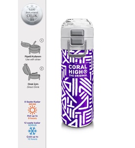 Coral High Kız Çocuk İçin 500 ml'lik Paslanmaz Çelik Termos/Suluk - Mor Beyaz Geometrik Desenli