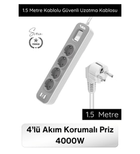 #UzatmaKablo 4’lü Akım Korumalı Priz 4000W 1.5 Metre Kablolu Çoklu Priz Aşırı Gerilim Korumalı 4 Sok