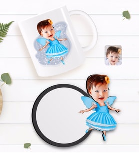 BK Gift Kişiye Özel Kız Çocuk Peri Karikatürlü Beyaz Kupa ve Ahşap Bardak Altlığı Hediye Seti