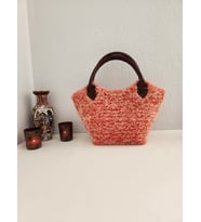 Zara Model, Kırmızı Melanj, Handmade, Kanvas İşleme, Kürk, Kadın El Çantası