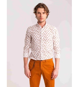 Kahverengi Erkek Slim Fit Yaprak Desenli Brent Düğmeli Yaka Uzun Kol Gömlek - 60707