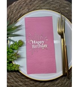 Gold Yaldızlı Pembe Happy Bırthday Garson Katlama Peçete 16 lı