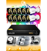 ELITCAM 10 Kameralı Kare 10 Dış Kamera Set 250 GB HDD Full HD Renkli Gece Görüşlü Güvenlik Kamerası Sistemi