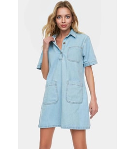 Kısa Kollu Denim Gömlek Elbise Mini Boy Casual Günlük Pamuk Yüksek Kalite Profesyonel Görünüm