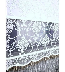BBB Simli Boncuklu Damask Desenli Çift Mekanizmalı Tül Stor Perde Ekru MT1018SB