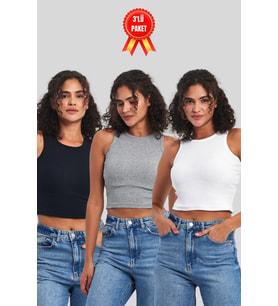 Kadın Siyah-Gri-Beyaz Fitilli Görünümlü Askılı Kalın Esnek Örme 3'lü Basic Crop Atlet Bluz