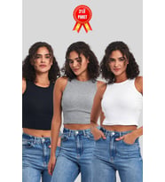 Kadın Siyah-Gri-Beyaz Fitilli Görünümlü Askılı Kalın Esnek Örme 3'lü Basic Crop Atlet Bluz