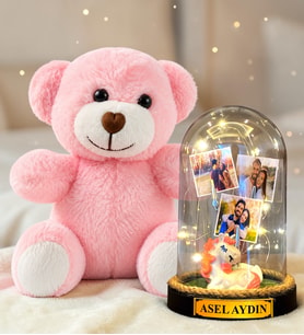 Kişiye Özel 3 Fotoğraflı Yazılı LED Işıklı Fanus ve Pembe Peluş Ayıcık Hediye Seti (unicornlu)