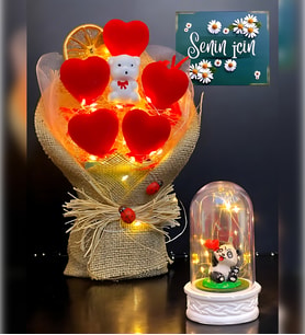 Led Işıklı Kırmız Kalp Buketi ve Led Işıklı Sevimli Pandalı Fanus  Hediye Seti