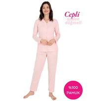Guava Kadın V Yaka Önden Düğmeli %100 Pamuk Uzun Kollu Cepli Pijama Takımı (Pudra)