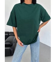 Kadın Düz T-Shirt Kısa Kol Bisiklet Yaka Oversize Rahat Kalıp Günlük Tişört - Haki