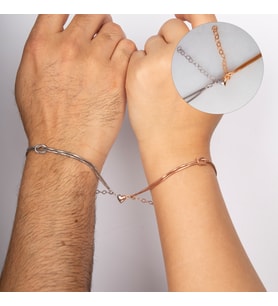 Gümüş Kader Düğümü Kalp Mıknatıslı Rodaj/Rose Çift Bileklik
