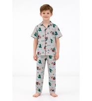 Gri Trex Desenli Düğmeli Erkek Çocuk Kısa Kol Pijama Takımı 23824