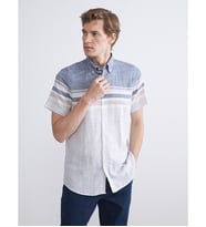 LCWAIKIKI Classic İndigo Regular Fit Kısa Kollu Çizgili Armürlü Erkek Gömlek
