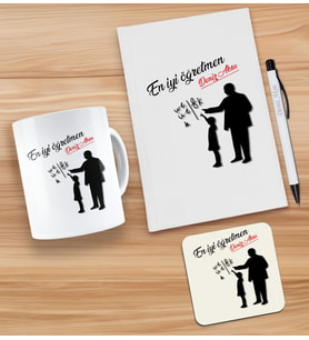BK Gift Kişiye Özel İsimli Öğretmenler Günü Tasarımlı Beyaz Defter, Tükenmez Kalem, Kupa ve Bardak Altlığı Hediye Seti- 8, Öğretmene Hediye, Öğretmenler Günü
