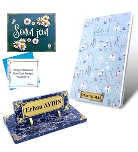 Kişiye Özel Hediye Seti, Siyah Mermer Tasarımlı Masa İsimliği ve Defter HA2