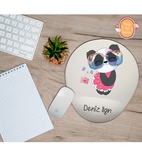 Kişiye Özel Panda Gözlüklü Kalp Temalı Mouse Pad Bilek Destekli