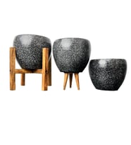 Bitki Tasarımı Siyah Granit Toprak Saksı Saksılık Salon Çiçeklik Üçlü Set - 15 CM