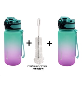 SHOP-SET 350 ml Tritan Motivasyonlu Su Matarası Çift Renk Softtouch 2'li SET (YEŞİL-PEMBE)