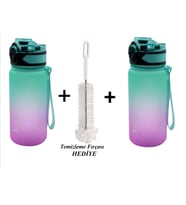 SHOP-SET 350 ml Tritan Motivasyonlu Su Matarası Çift Renk Softtouch 2'li SET (YEŞİL-PEMBE)