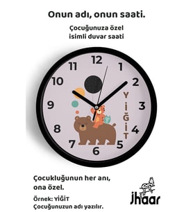 İsme Özel Sevimli Hayvanlar Çocuk Odası Duvar Saati Orta Boy 30 cm Siyah Camlı Sessiz
