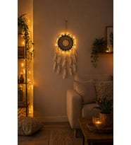 Bohem Rüya Kapanı Duvar Süsü LED Işıklı Makrome Dream Catcher 22 cm El Yapımı Dekoratif Duvar Aksesuarı