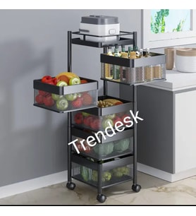 Trendesk 5 Katlı Luxx Mat Siyah Metal Patates Soğan Sebze Meyve Sepeti Sebzelik Tekerlekli