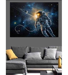 Uzayda Süzülen Parlayan Astronot Figürü Dekoratif Kanvas - Mdf Ahşap Tablo