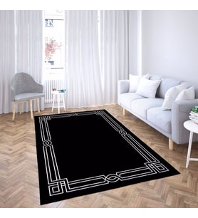 Geometrik Çerçeve Desenli Dijital Baskı Yıkanabilir Kaymaz Taban Düz Salon Halısı ve Yolluk (Siyah)