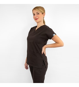 Unisex Koyu Kahve Esnek  Likralı  Doktor Hemşire Aşçı Scrubs Tek Üst Forma (Kahverengi Koyu)