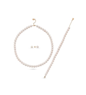 Sıralı Doğal İnci Kolye Bileklik Küpe Üçlü Set (Rose)