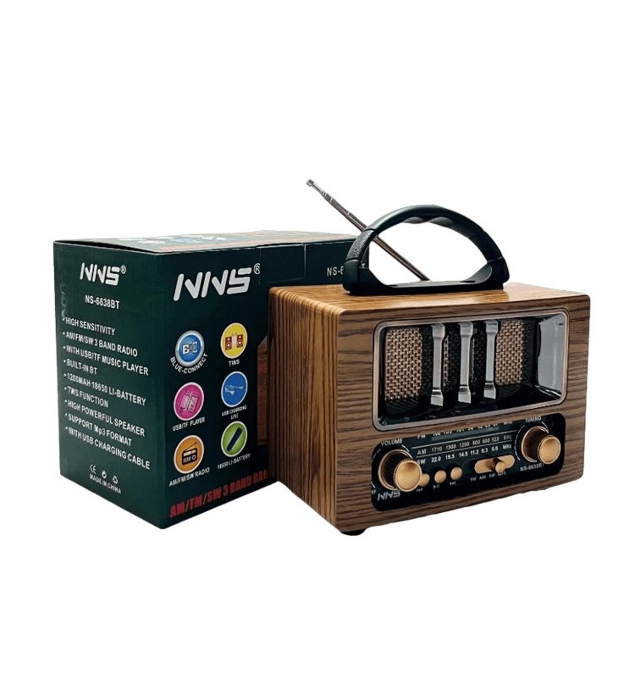 ÇeşitTech NS-6638BT Ahşap Tasarım Retro Radyo - AM/FM/SW 3 Bantlı
