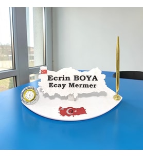 Sümen Ofis Doğal Beyaz Mermer İsimlik Haritalı Gold Tek Kalem ve Saat Önünde Stickers