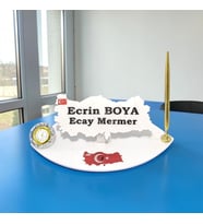 Sümen Ofis Doğal Beyaz Mermer İsimlik Haritalı Gold Tek Kalem ve Saat Önünde Stickers