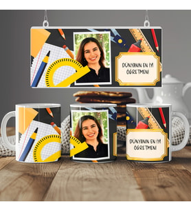 Kişiye Özel Fotoğraflı Yazılı Öğretmen Kupa Hediyesi, 1 Fotoğraflı Yeşil Tahta Temalı Kupa Bardak, 330ml, Beyaz (Doğal Beyaz)