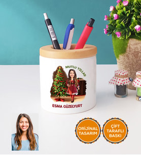 Kişiye Özel Karikatürlü Yılbaşı Hediyesi Kalemlik Noel Anneye Hediye (Beyaz)