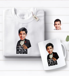 BK Gift Kişiye Özel Godfather Baba Karikatürlü Beyaz Tişört ve Kupa Seti-4 (Model 1)