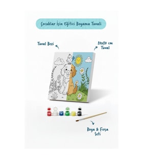 Sevimli Köpek ve Kuş Temalı Çocuk Boyama Tuvali – Şövalesiz Eğitici Boyama Seti 20x20 cm