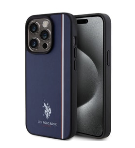 Apple iPhone 15 Pro Uyumlu Kılıf U.S. Polo Assn. Orjinal Lisanslı Üç Renk Şerit Tasarımlı Baskı Logolu Kapak (Lacivert)