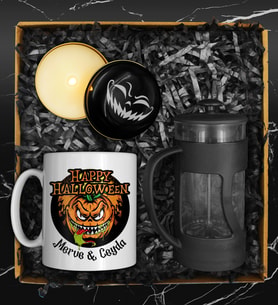 Cadılar Bayramına Özel Kişiye Özel Tasarım Kupa & Halloween Temalı Siyah Mum & French Press